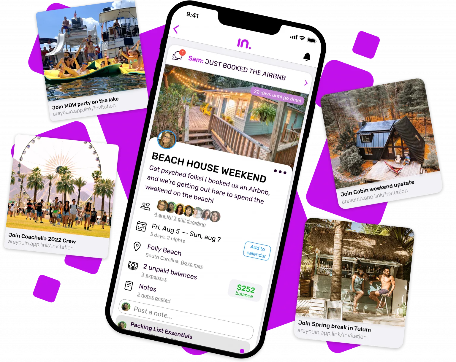 IN. on iPhone: a Beach House Weekend plan, surrounded by invitations to plans